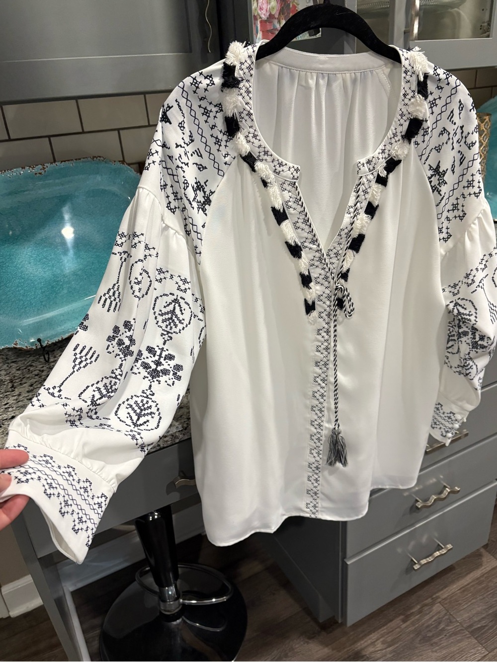 Boho Embroidered White Peasant Blouse with Black Accents